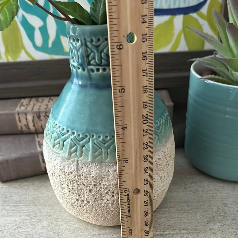 Aqua Blue Turquoise and Beige Textured Ceramic Vase